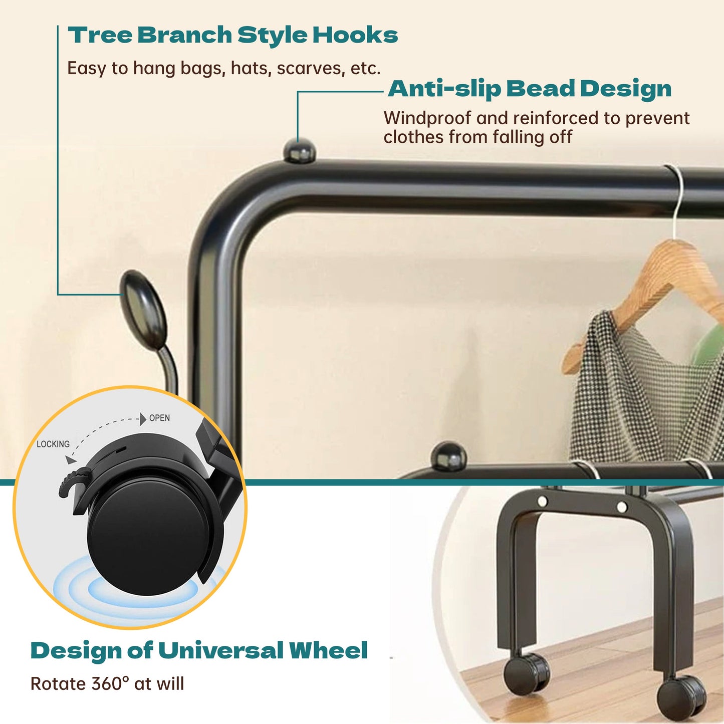 HioHa Rolling Clothes Rack, Double Rail Clothing Drying Rack with 2-Tier Shelf, Heavy Duty Garment Rack with Wheels, Black