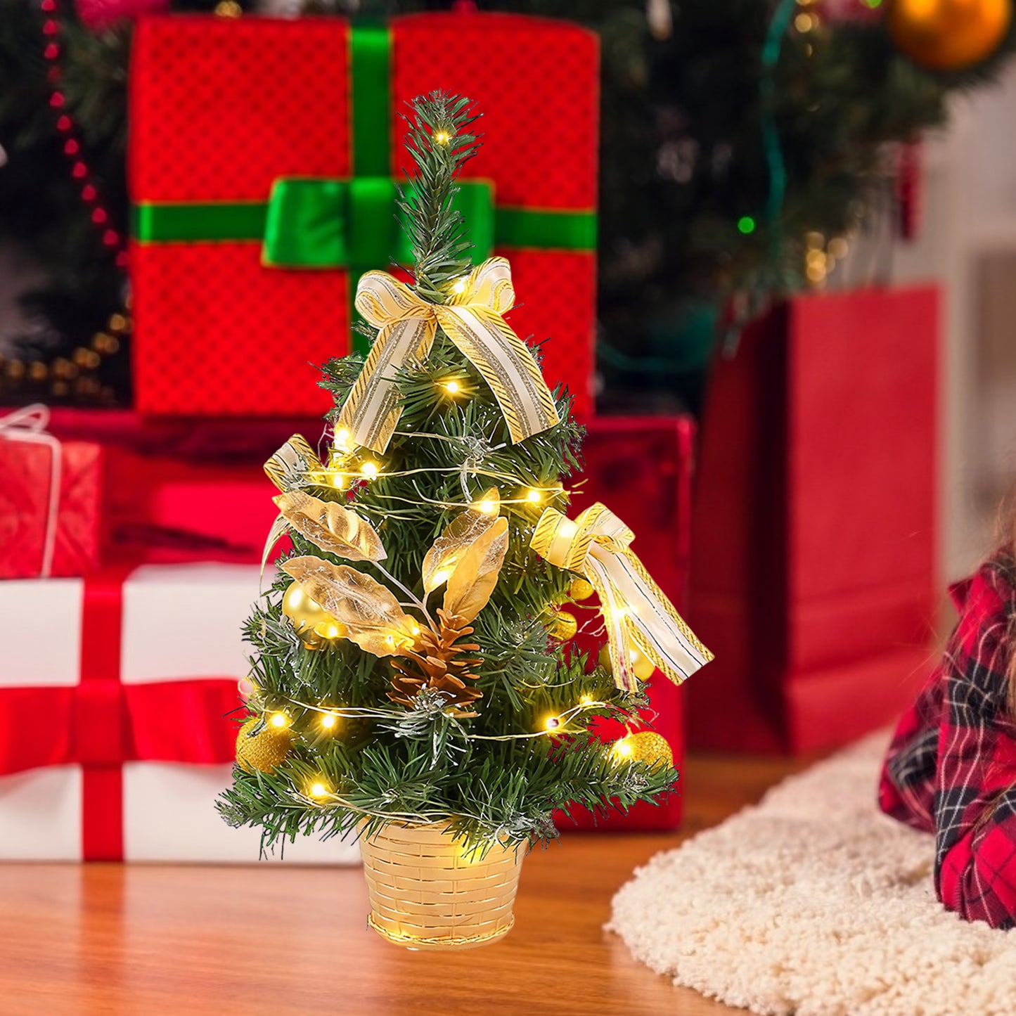 HioHa Small Christmas Trees with Lights, 1.4ft Mini Christmas Tree - Flocked Tabletop Christmas Decor for Home Office, Rustic Artificial Christmas Tree