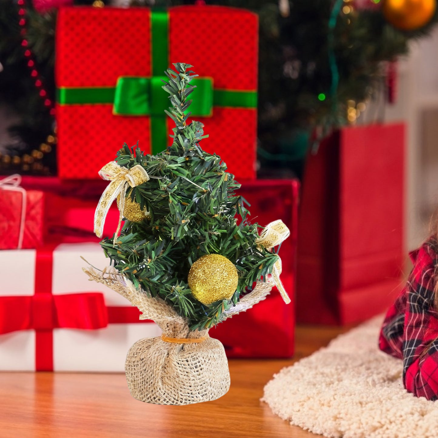 HioHa Small Christmas Trees with Lights, 1.4ft Mini Christmas Tree - Flocked Tabletop Christmas Decor for Home Office, Rustic Artificial Christmas Tree