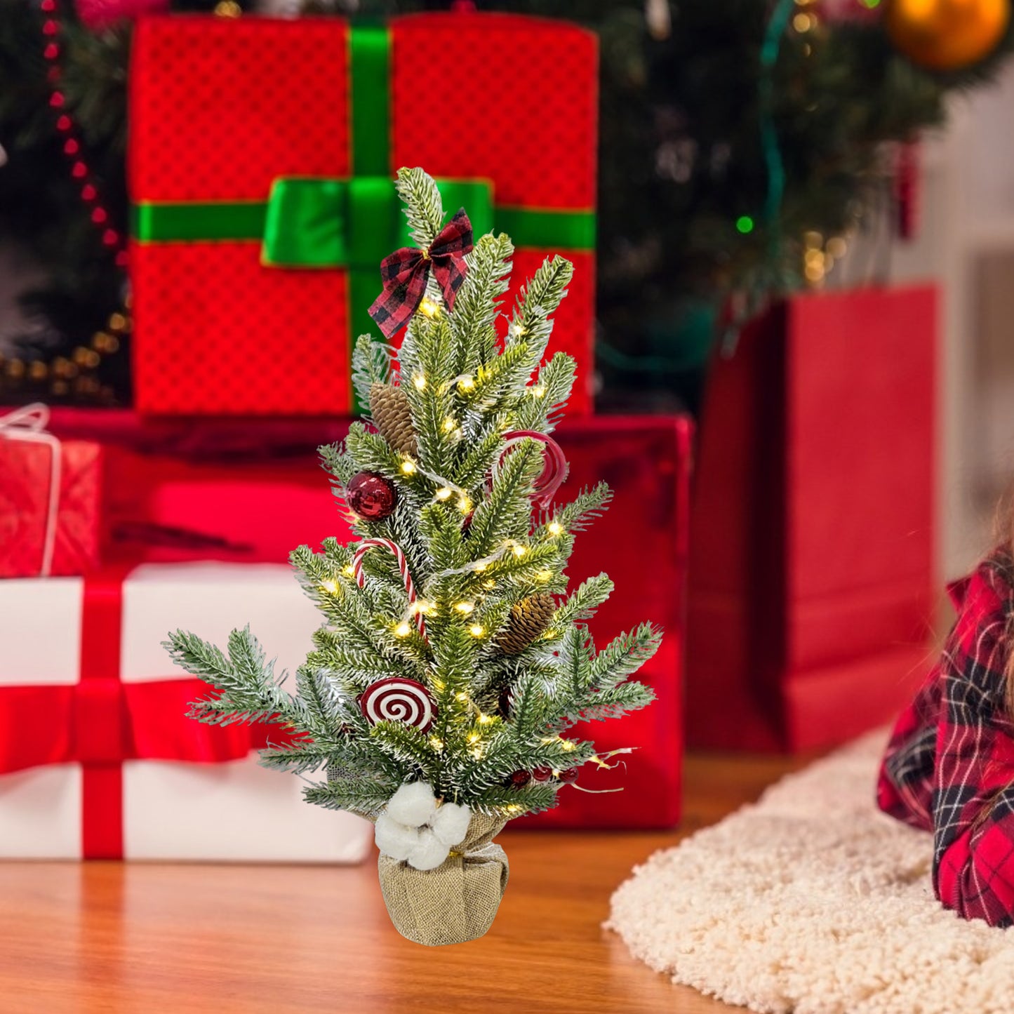 HioHa Small Christmas Trees with Lights, 1.8ft Mini Christmas Tree - Flocked Tabletop Christmas Decor for Home Office, Rustic Artificial Christmas Tree