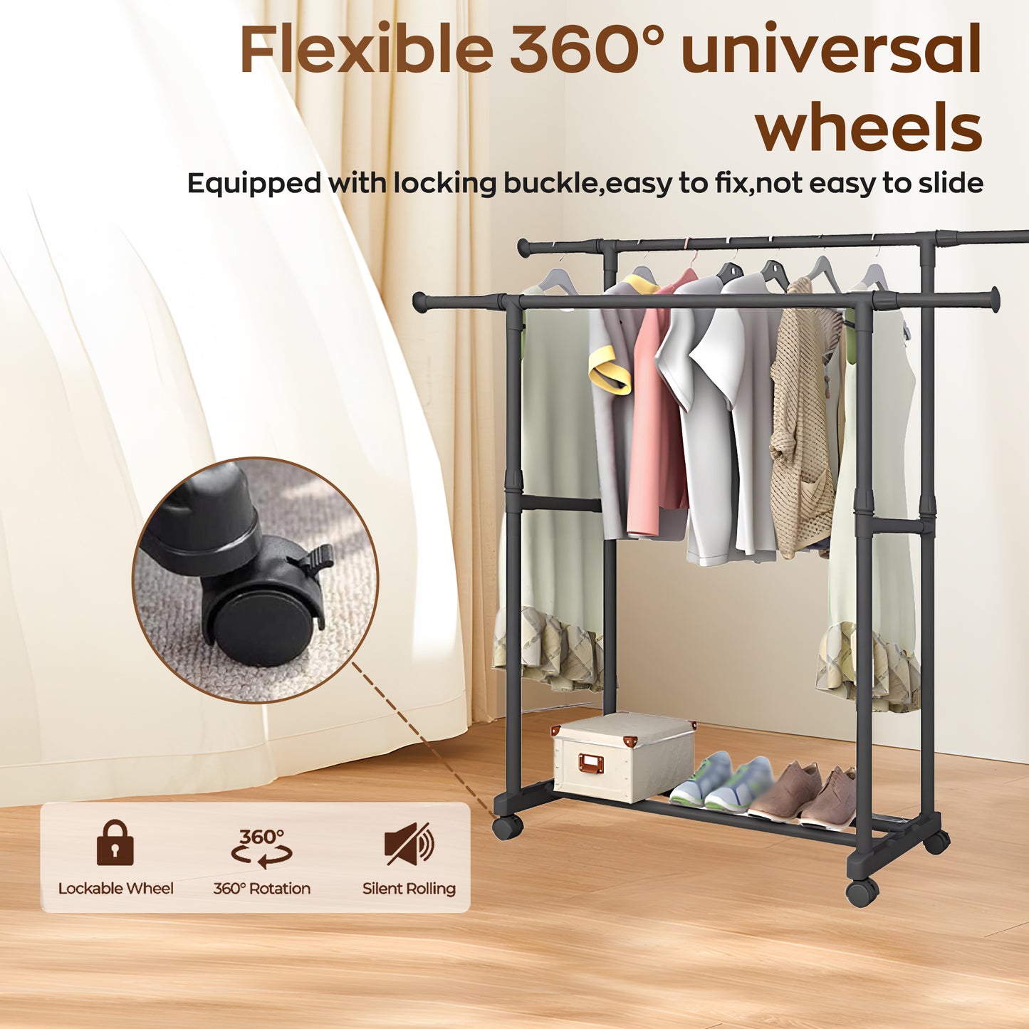 HioHa Clothes Rack, Heavy Duty Clothing Racks or Hanging Racks with Shelf, Adjustable Garment Rack with Wheels 35-61Wx16Dx35-61H Inches for Bedroom Laundry Living Room