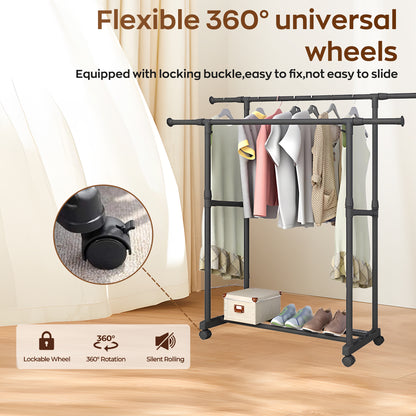 HioHa Clothes Rack, Heavy Duty Clothing Racks or Hanging Racks with Shelf, Adjustable Garment Rack with Wheels 35-61Wx16Dx35-61H Inches for Bedroom Laundry Living Room