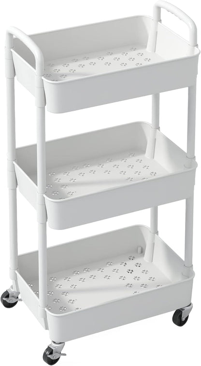 HioHa Rolling Utility Cart, 3-Tier Storage Cart Movably with Drawer & Metal Wheels, Multifunctional Storage Organizer Shelves with Handle for Kitchen Bathroom Living Room Office