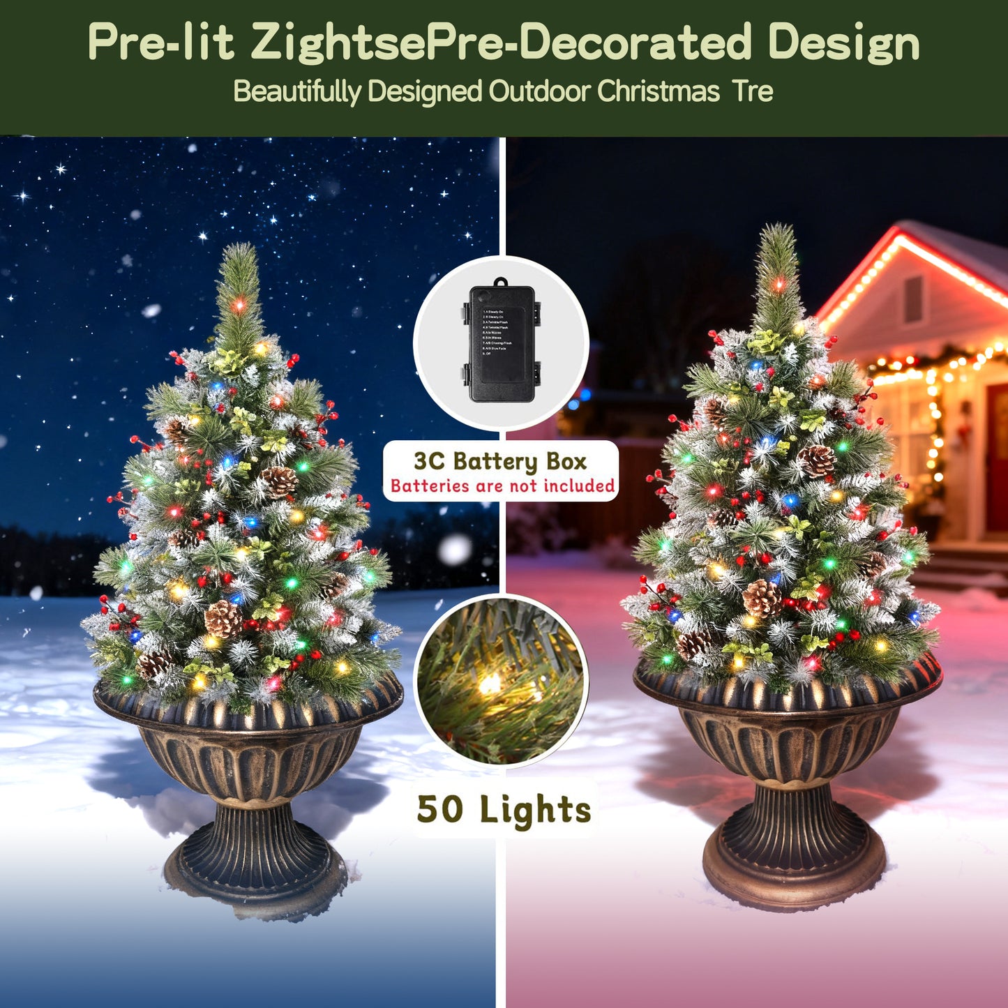 HioHa Pre-lit Christmas Planter Filler, Outdoor/Indoor LED Bushes with 8 Modes Warm White Lights, Pine Cones & Berries