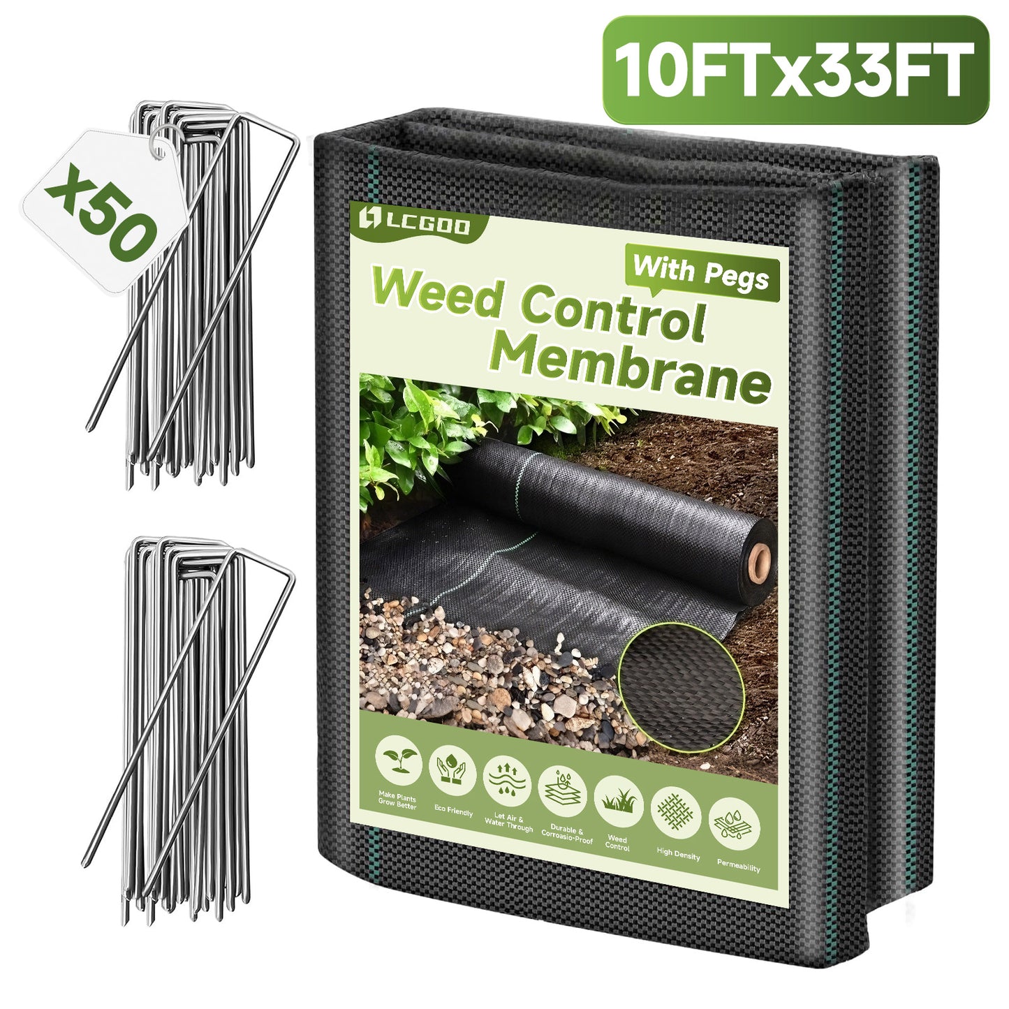 LCOGD 6.6x33FT High-Permeability Weed Barrier Fabric with 50 Ground Nails, Heavy Duty Landscape Fabric for Gardens, Lawns & Landscaping