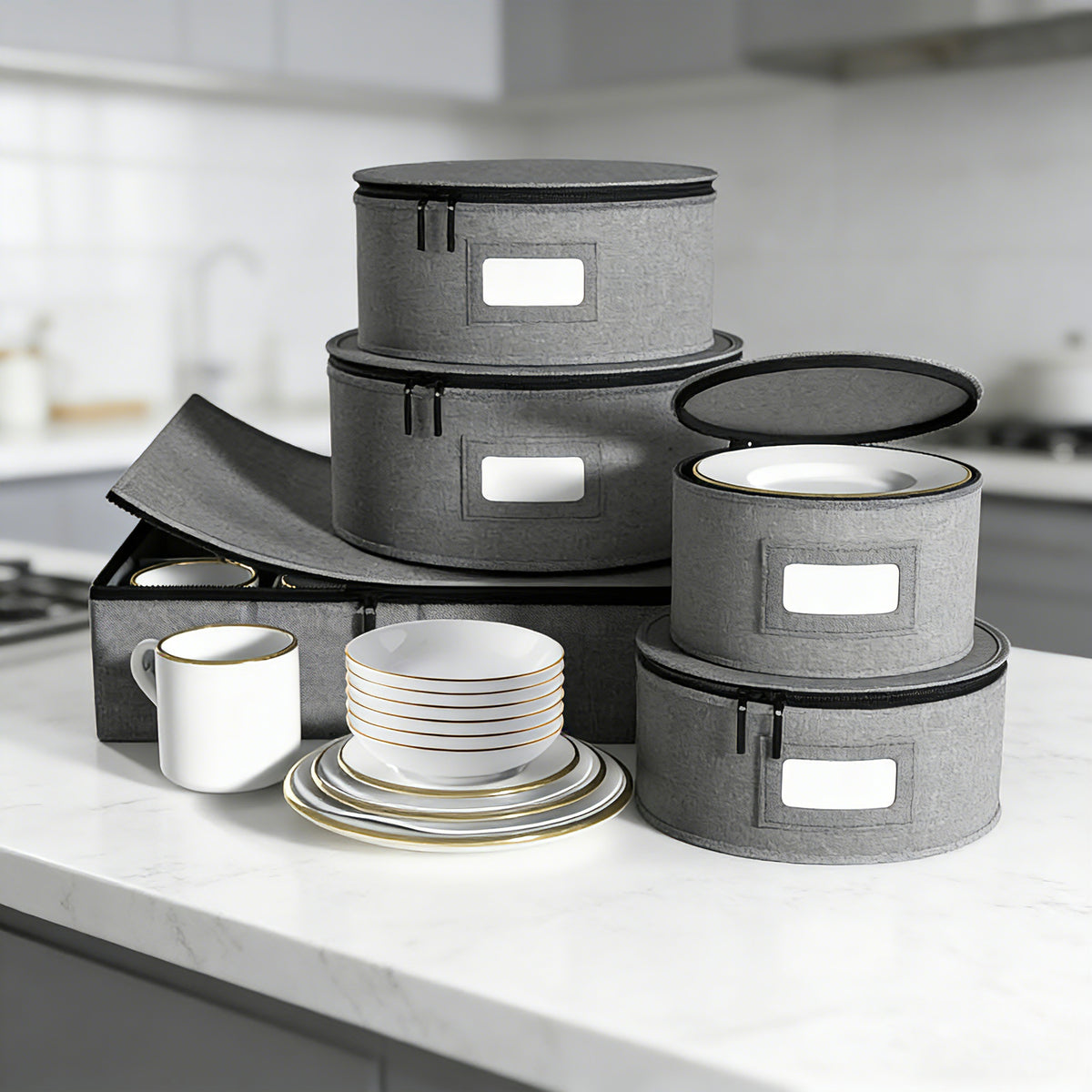 HioHa 5-Piece China Storage Containers, Stackable Dish Box with Felt Dividers for Plates, Wine Glasses, Mugs, Saucers, Kitchen & Moving Organization
