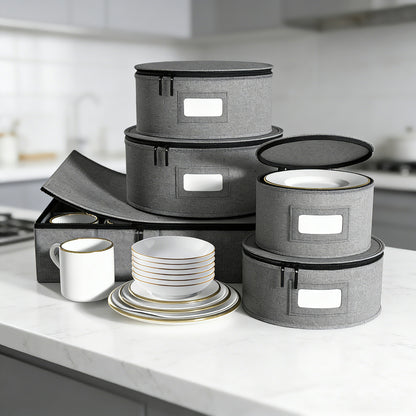 HioHa 5-Piece China Storage Containers, Stackable Dish Box with Felt Dividers for Plates, Wine Glasses, Mugs, Saucers, Kitchen & Moving Organization