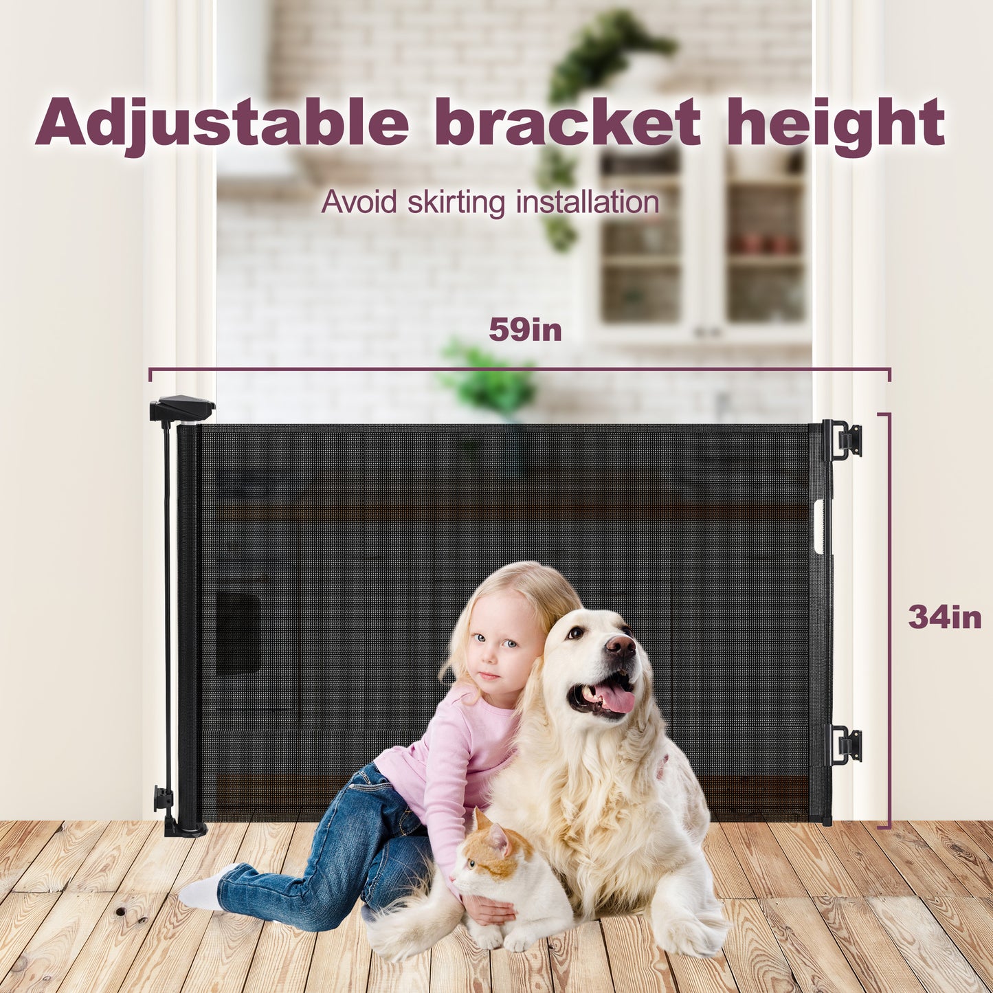 HioHa 59 Inch Retractable Gate, Hardware-Mounted Mesh Safety Gate for Stairs & Doorways, Black