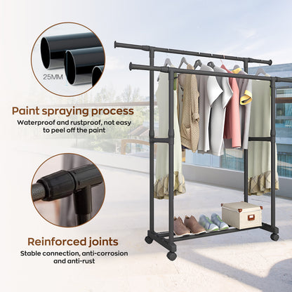 HioHa Clothes Rack, Heavy Duty Clothing Racks or Hanging Racks with Shelf, Adjustable Garment Rack with Wheels 35-61Wx16Dx35-61H Inches for Bedroom Laundry Living Room