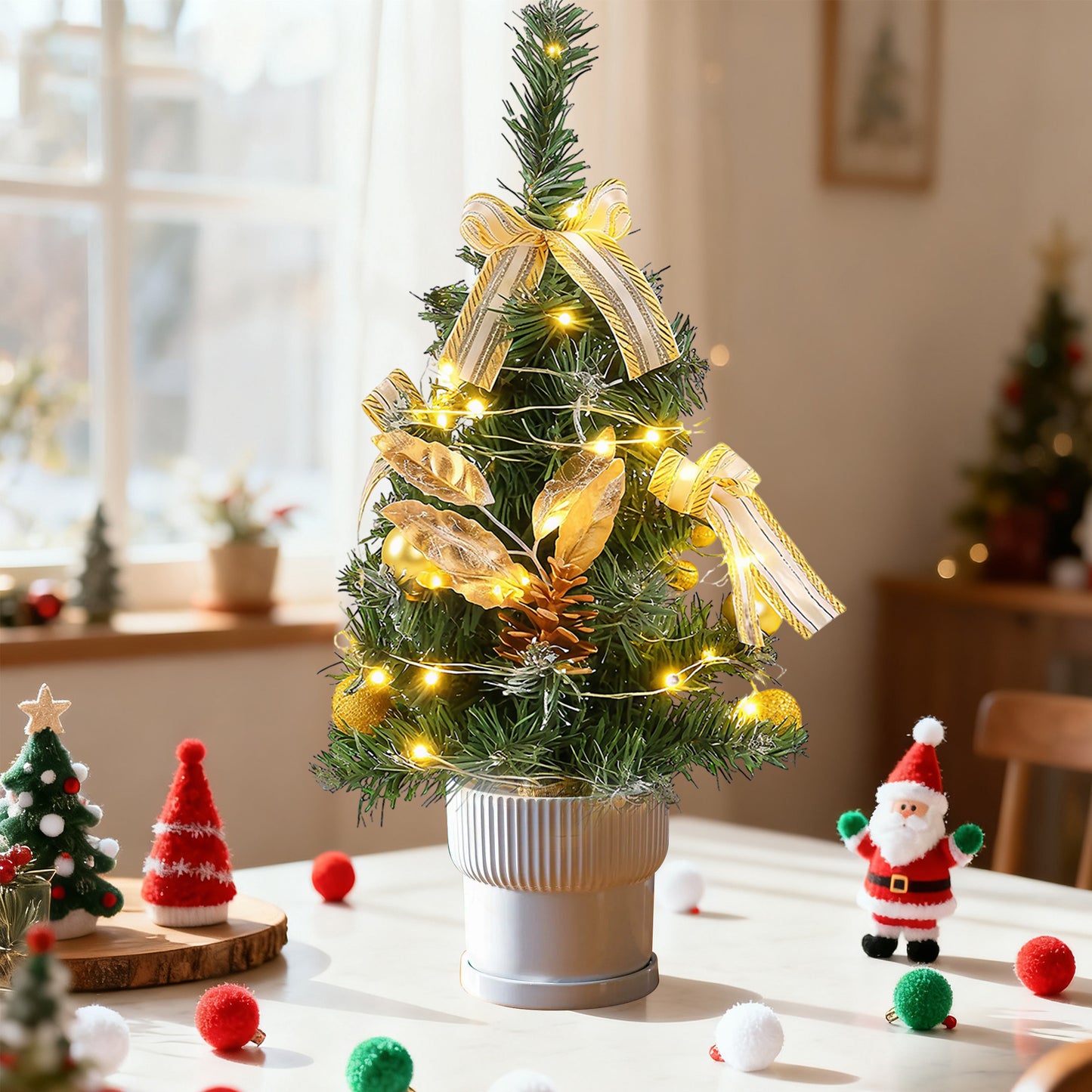 HioHa Small Christmas Trees with Lights, 1.4ft Mini Christmas Tree - Flocked Tabletop Christmas Decor for Home Office, Rustic Artificial Christmas Tree
