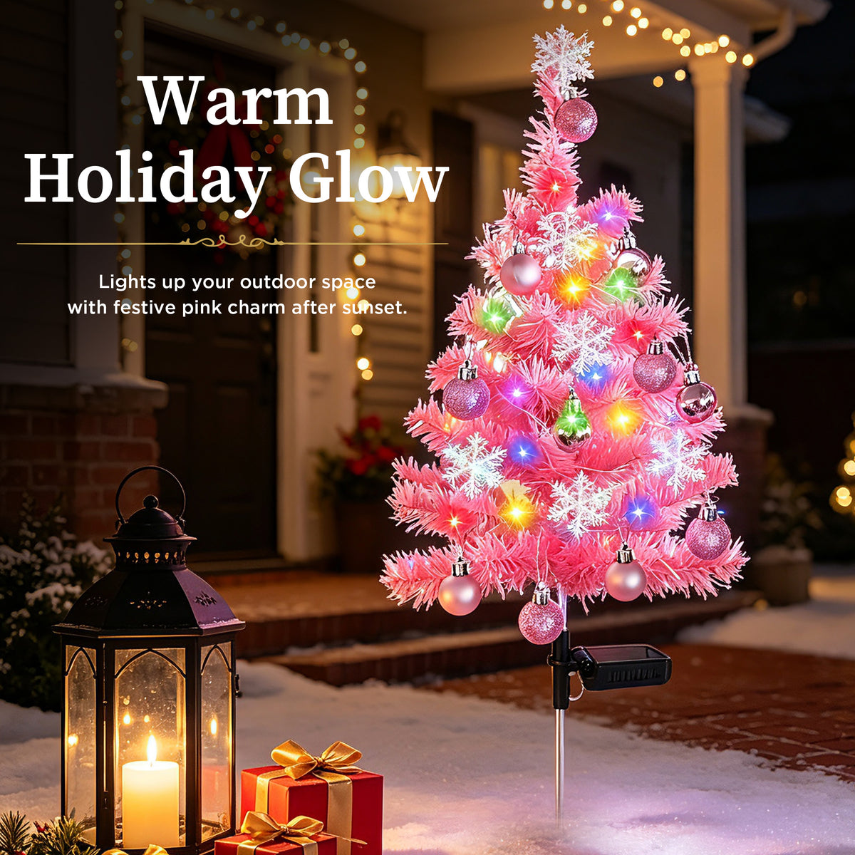 HioHa Solar Christmas Tree Stakes, 2 Pack Pink Outdoor Solar LED Christmas Tree Stake Lights, Waterproof Christmas Decor with Baubles & Snowflake Ornaments, Solar Powered Pathway Lights for Yard Lawn