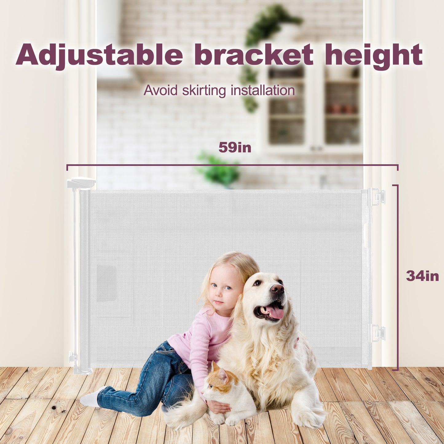 HioHa 59 Inch Retractable Gate, Hardware-Mounted Mesh Safety Gate for Stairs & Doorways, White