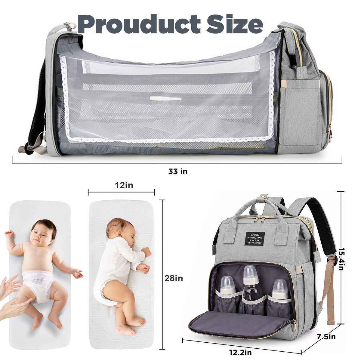 HioHa Diaper Bag Backpack, Foldable Baby Bed Changing Station, Large Capacity Waterproof Travel Baby Bag with USB Charging Port, Stroller Straps, Insulated Bottle Pockets, Gray