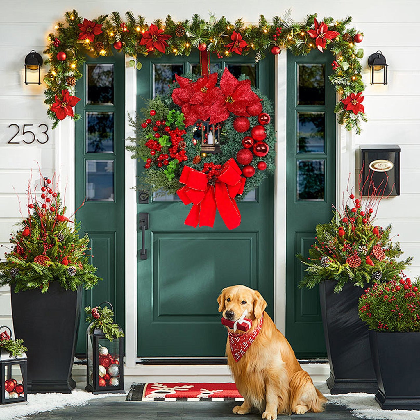 HioHa Christmas Wreaths & Fall Wreath for Front Door, 16-inch Artificial Decor with Pine Cones & Berries for Indoor Outdoor Use