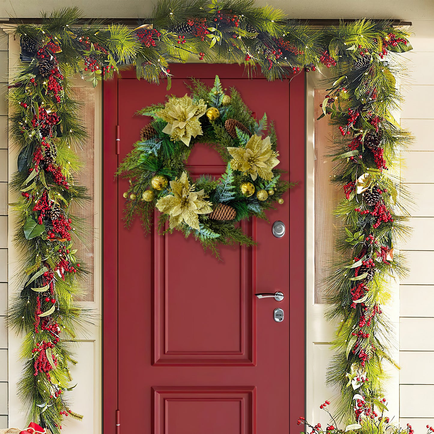 HioHa 16-inch Classic Christmas Wreath with Pine Cones & Berries, Full Artificial Holiday Wreath for Door Wall Mantel Decor, Indoor Outdoor Christmas Decorations