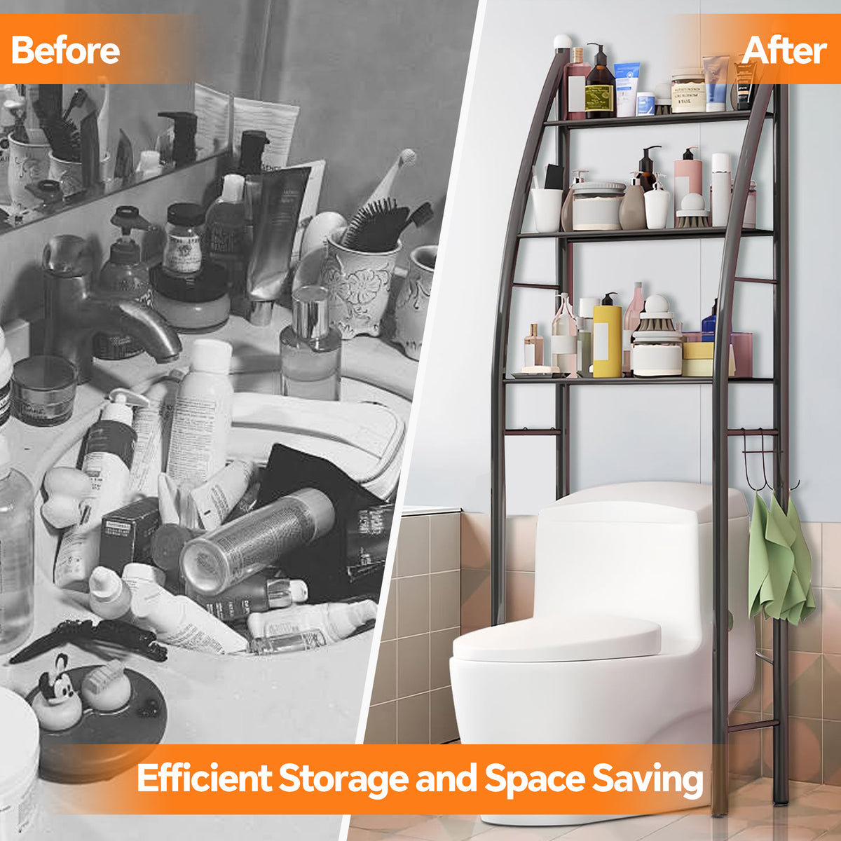 HioHa Over the Toilet Storage, Bathroom Organizer and Storage Shelf with Paper Holder and Hooks, New Over Toilet Storage Rack for Bathroom Laundry Room Balcony, 17.32"W Black