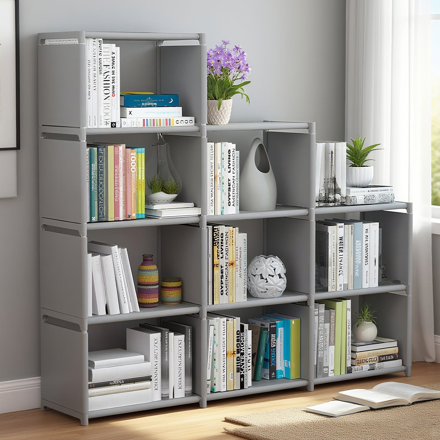 HioHa 12-Cube Storage Organizer, Portable Folding Bookshelf with Adjustable Shelves , Space Saving Unit for Home Office Closet , Grey