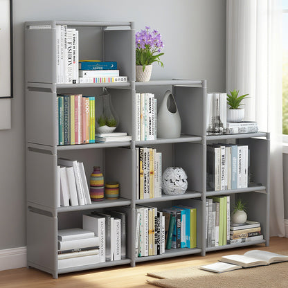 HioHa 12-Cube Storage Organizer, Portable Folding Bookshelf with Adjustable Shelves , Space Saving Unit for Home Office Closet , Grey