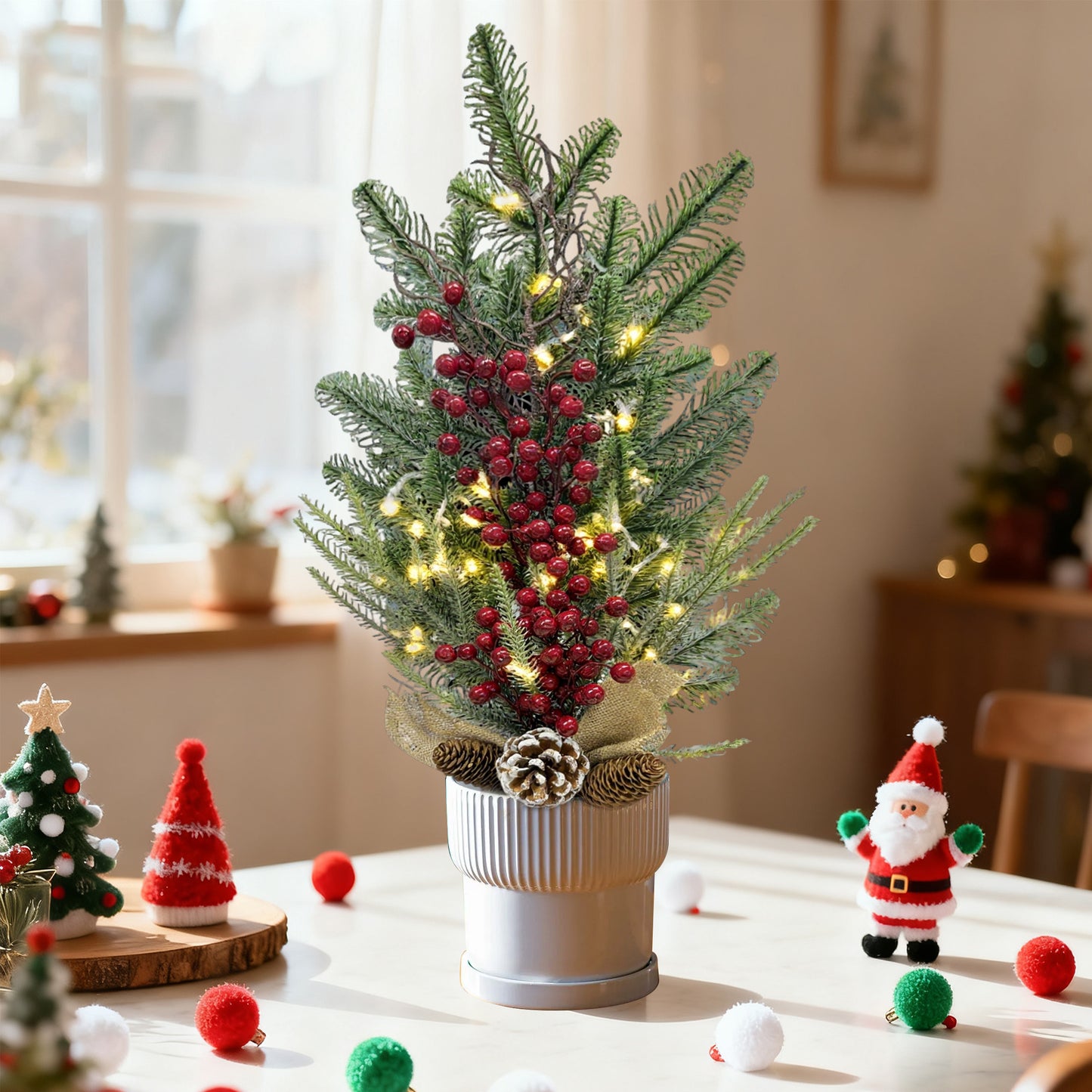 HioHa Small Christmas Trees with Lights, 1.8ft Mini Christmas Tree - Flocked Tabletop Christmas Decor for Home Office, Rustic Artificial Christmas Tree