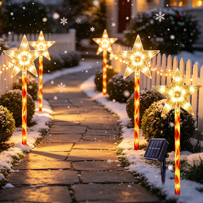 HioHa 2 Sets Solar Star Christmas Pathway Lights, 5-in-1 Outdoor Candy Cane Star Stake Lights, Warm White LED Waterproof Holiday Decor for Yard Lawn Garden Walkway