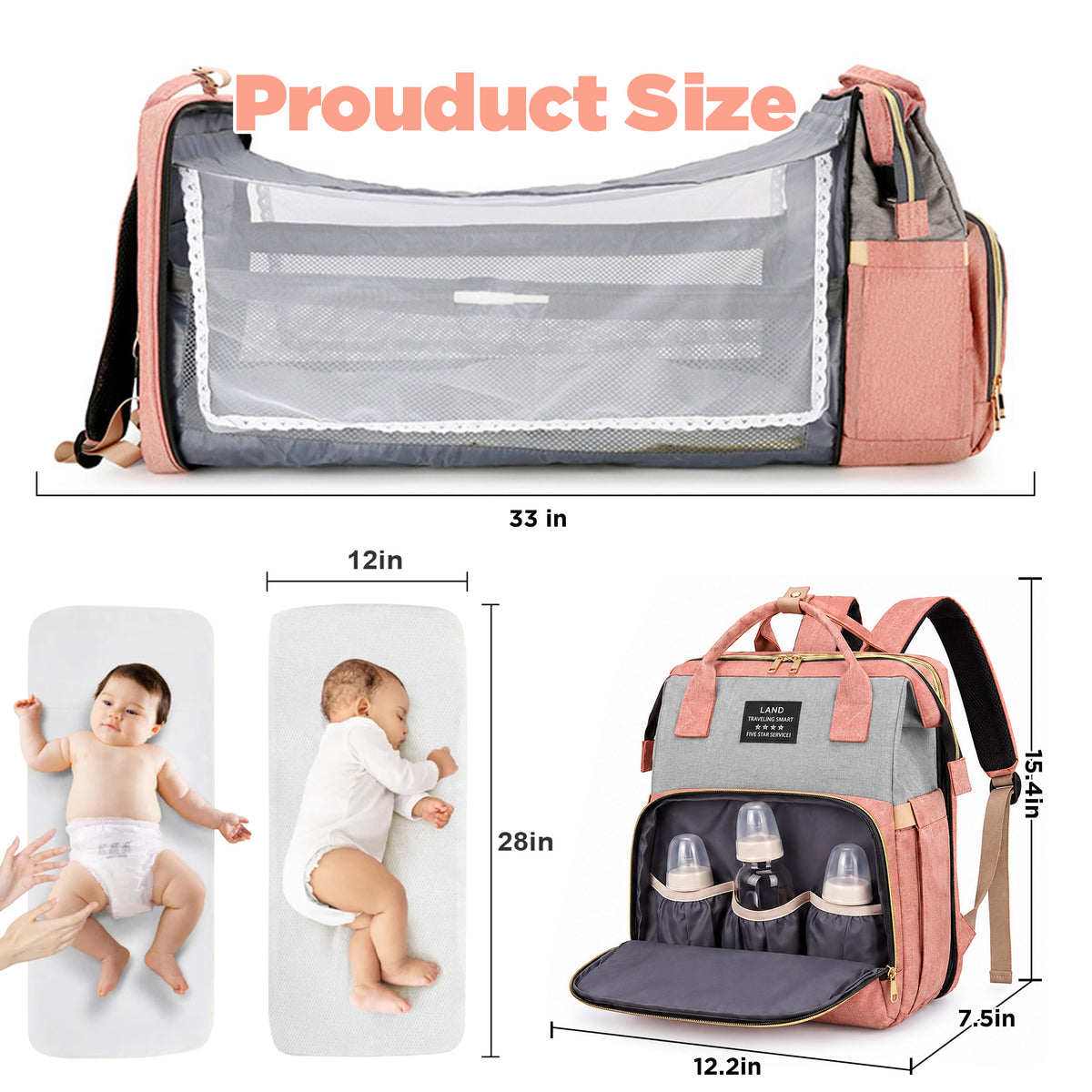 HioHa Diaper Bag Backpack, Foldable Baby Bed Changing Station, Large Capacity Waterproof Travel Baby Bag with USB Charging Port, Stroller Straps, Insulated Bottle Pockets, Pink