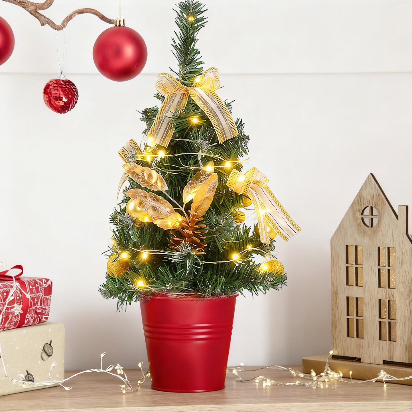 HioHa Small Christmas Trees with Lights, 1.4ft Mini Christmas Tree - Flocked Tabletop Christmas Decor for Home Office, Rustic Artificial Christmas Tree