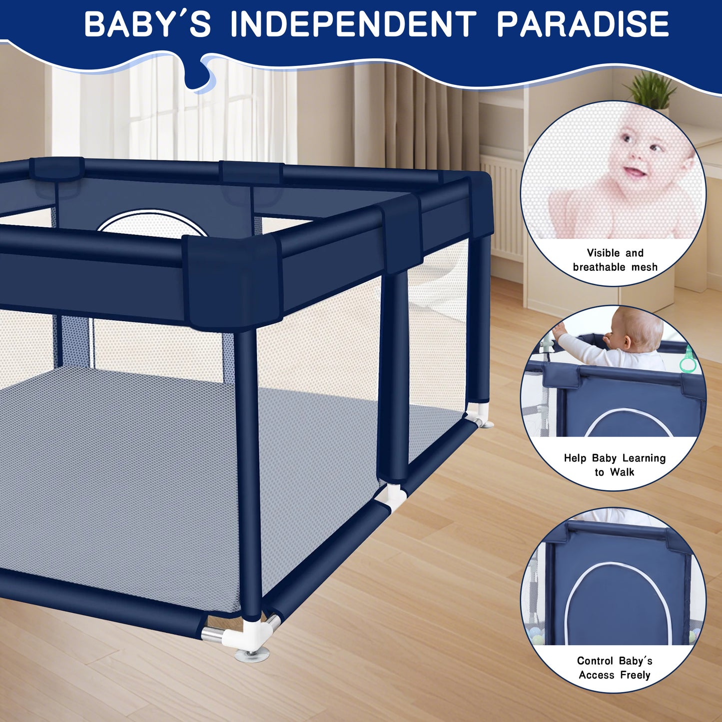 HioHa 52" x 52" Baby Playpen, Portable Play Yard with Sturdy Steel Frame & Breathable Mesh, Indoor Outdoor Baby Play Area