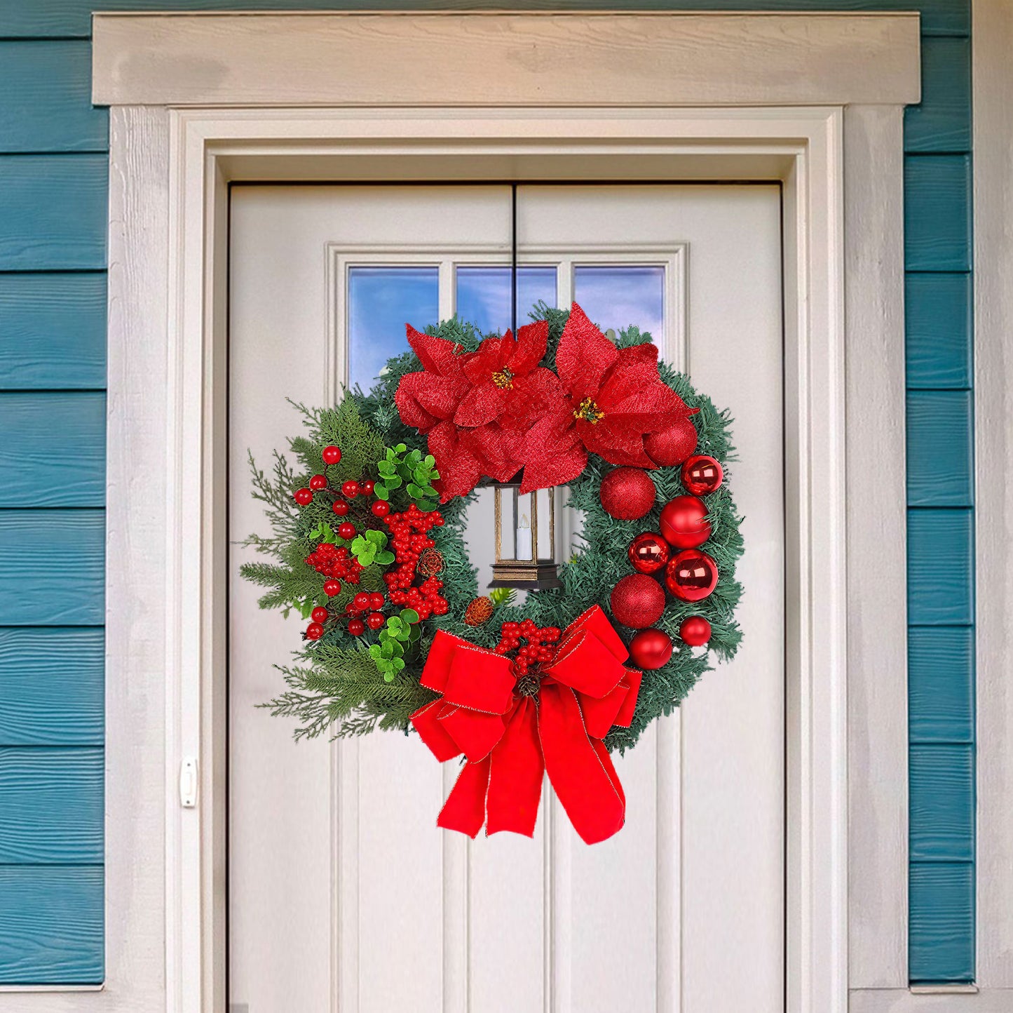 HioHa Christmas Wreaths & Fall Wreath for Front Door, 16-inch Artificial Decor with Pine Cones & Berries for Indoor Outdoor Use