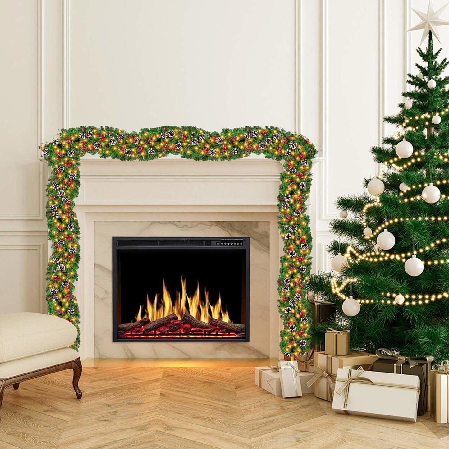 HioHa Christmas Garland 9ft Artificial Pine Garland with Pine Cones Berries for Holiday Indoor Outdoor Decor