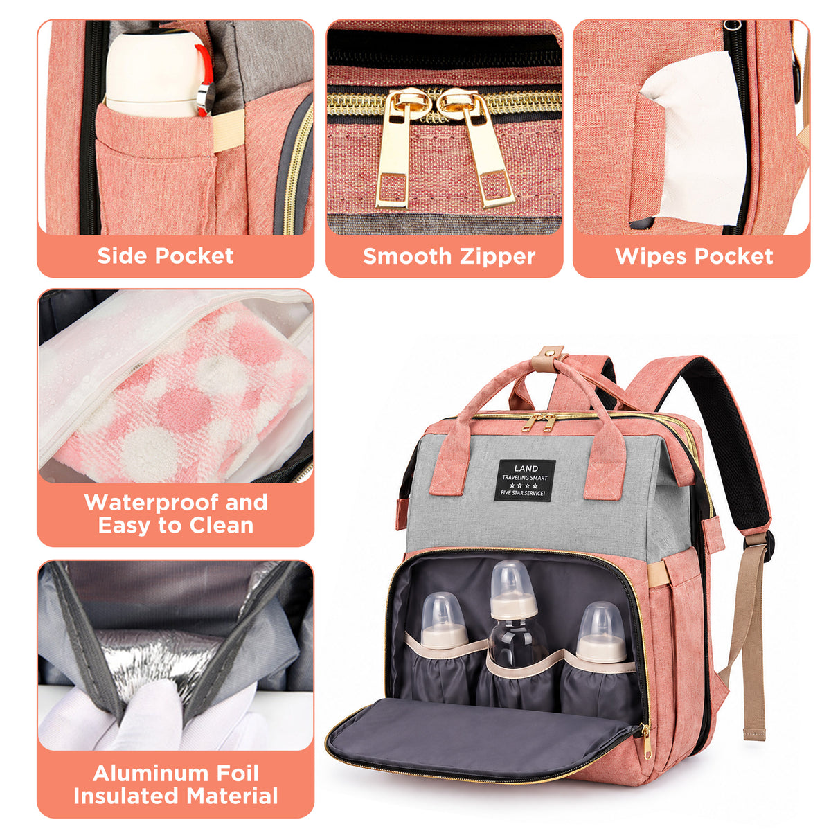 HioHa Diaper Bag Backpack, Foldable Baby Bed Changing Station, Large Capacity Waterproof Travel Baby Bag with USB Charging Port, Stroller Straps, Insulated Bottle Pockets, Pink