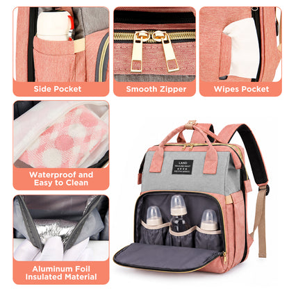 HioHa Diaper Bag Backpack, Foldable Baby Bed Changing Station, Large Capacity Waterproof Travel Baby Bag with USB Charging Port, Stroller Straps, Insulated Bottle Pockets, Pink