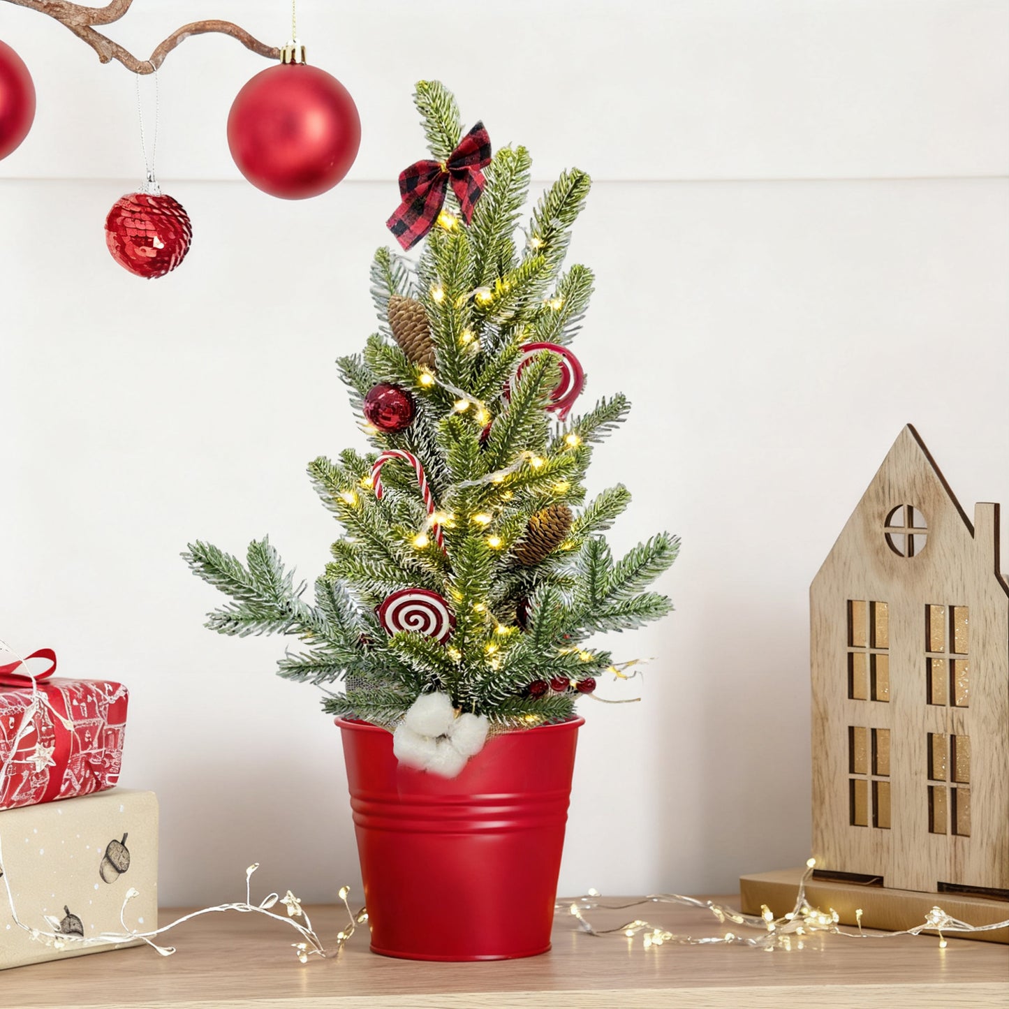 HioHa Small Christmas Trees with Lights, 1.8ft Mini Christmas Tree - Flocked Tabletop Christmas Decor for Home Office, Rustic Artificial Christmas Tree