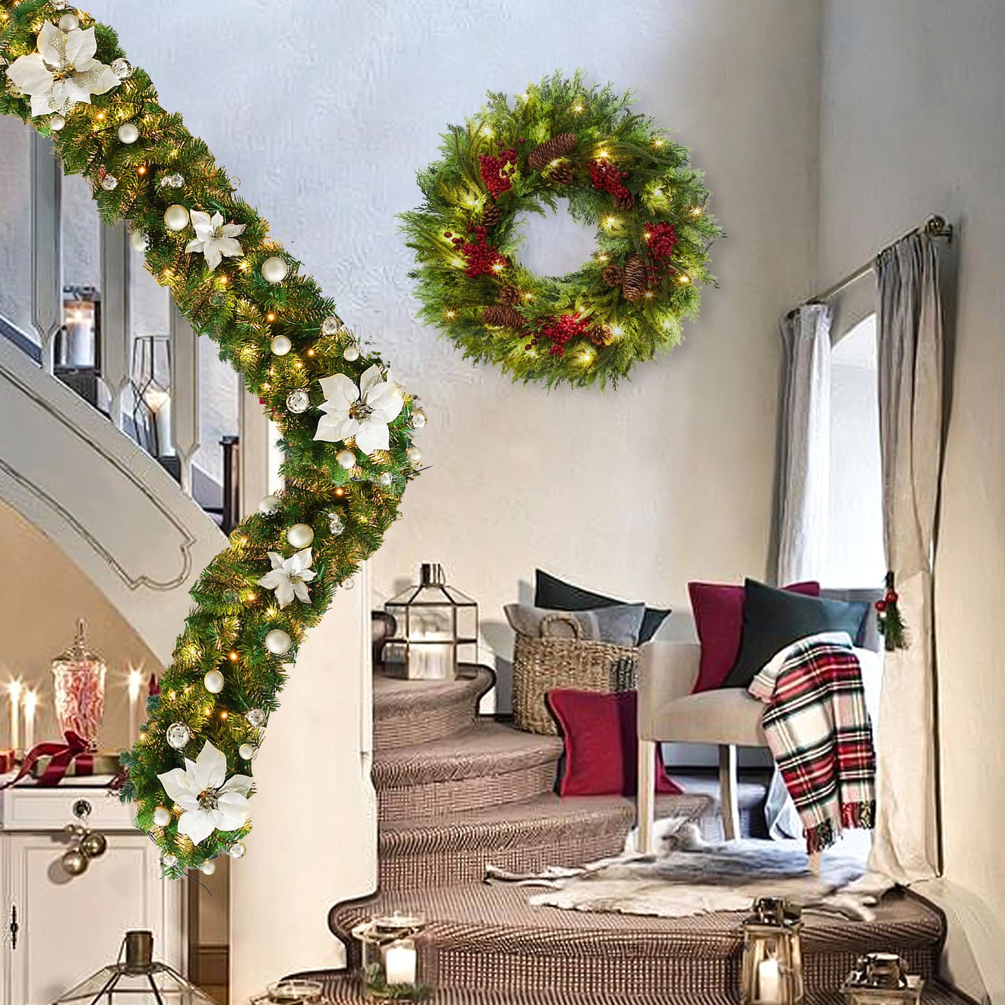 HioHa Christmas Garland 9ft Artificial Pine Garland with Warm White LED Lights, Pine Cones and Berries for Holiday Indoor Home Decor