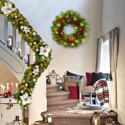 HioHa Christmas Garland 9ft Artificial Pine Garland with Warm White LED Lights, Pine Cones and Berries for Holiday Indoor Home Decor