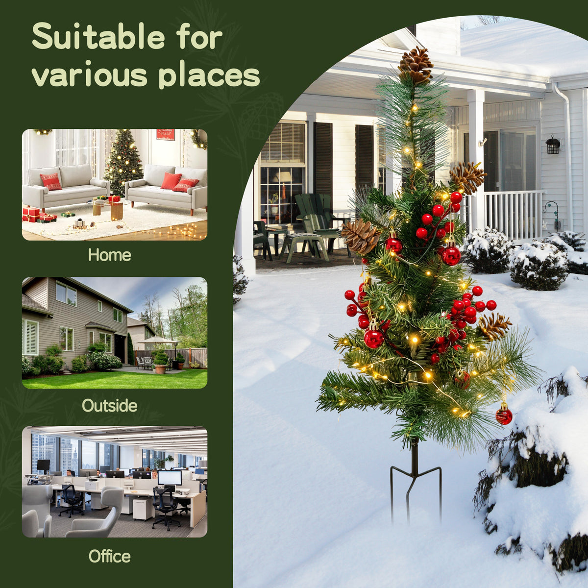 HioHa Solar Christmas Tree, 2 Pack Outdoor Mini Christmas Tree with Red Berries & Pine Cones, Waterproof Light Up Xmas Tree Stakes for Yard Garden Lawn Pathway Decor