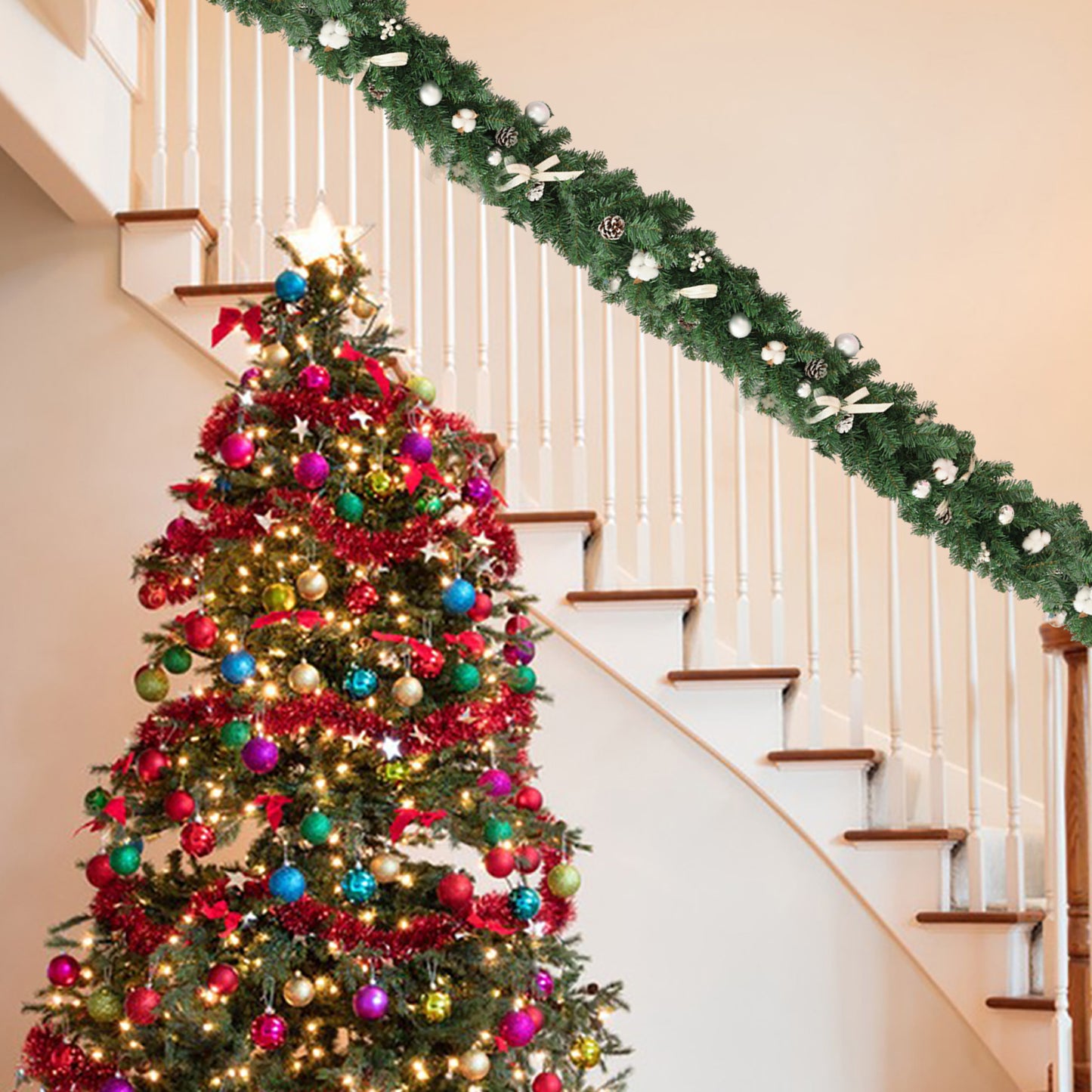 HioHa Christmas Garland 9ft Artificial Pine Garland with Pine Cones Berries for Holiday Indoor Outdoor Decor