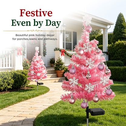 HioHa Solar Christmas Tree Stakes, 2 Pack Pink Outdoor Solar LED Christmas Tree Stake Lights, Waterproof Christmas Decor with Baubles & Snowflake Ornaments, Solar Powered Pathway Lights for Yard Lawn