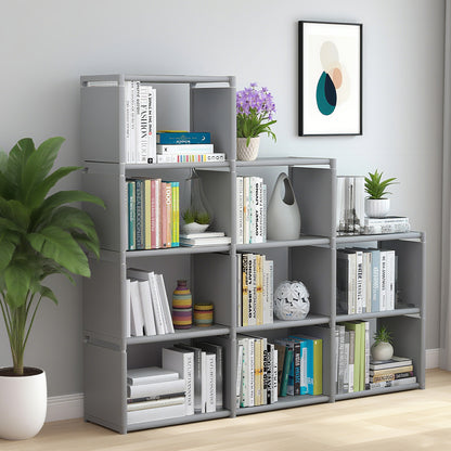 HioHa 12-Cube Storage Organizer, Portable Folding Bookshelf with Adjustable Shelves , Space Saving Unit for Home Office Closet , Grey
