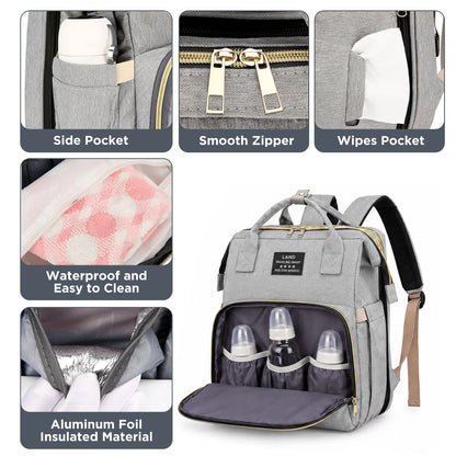 HioHa Diaper Bag Backpack, Foldable Baby Bed Changing Station, Large Capacity Waterproof Travel Baby Bag with USB Charging Port, Stroller Straps, Insulated Bottle Pockets, Gray
