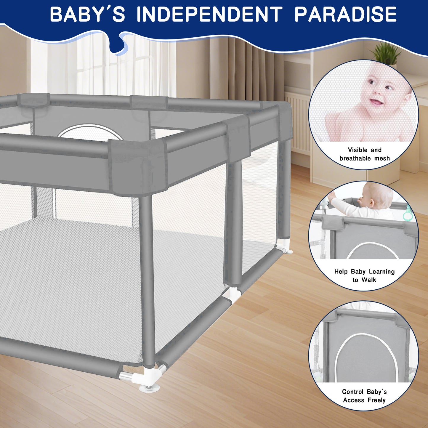 HioHa 52" x 52" Baby Playpen, Portable Play Yard with Sturdy Steel Frame & Breathable Mesh, Indoor Outdoor Baby Play Area