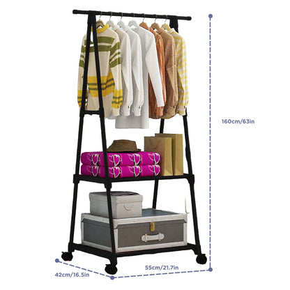 HioHa Portable Clothes Rack on Wheels with 2-Tier Shelves & Hooks - Stainless Steel Rolling Garment Rack for Clothing, Shoes, Laundry - Home, Office, Dorm Use (Black)