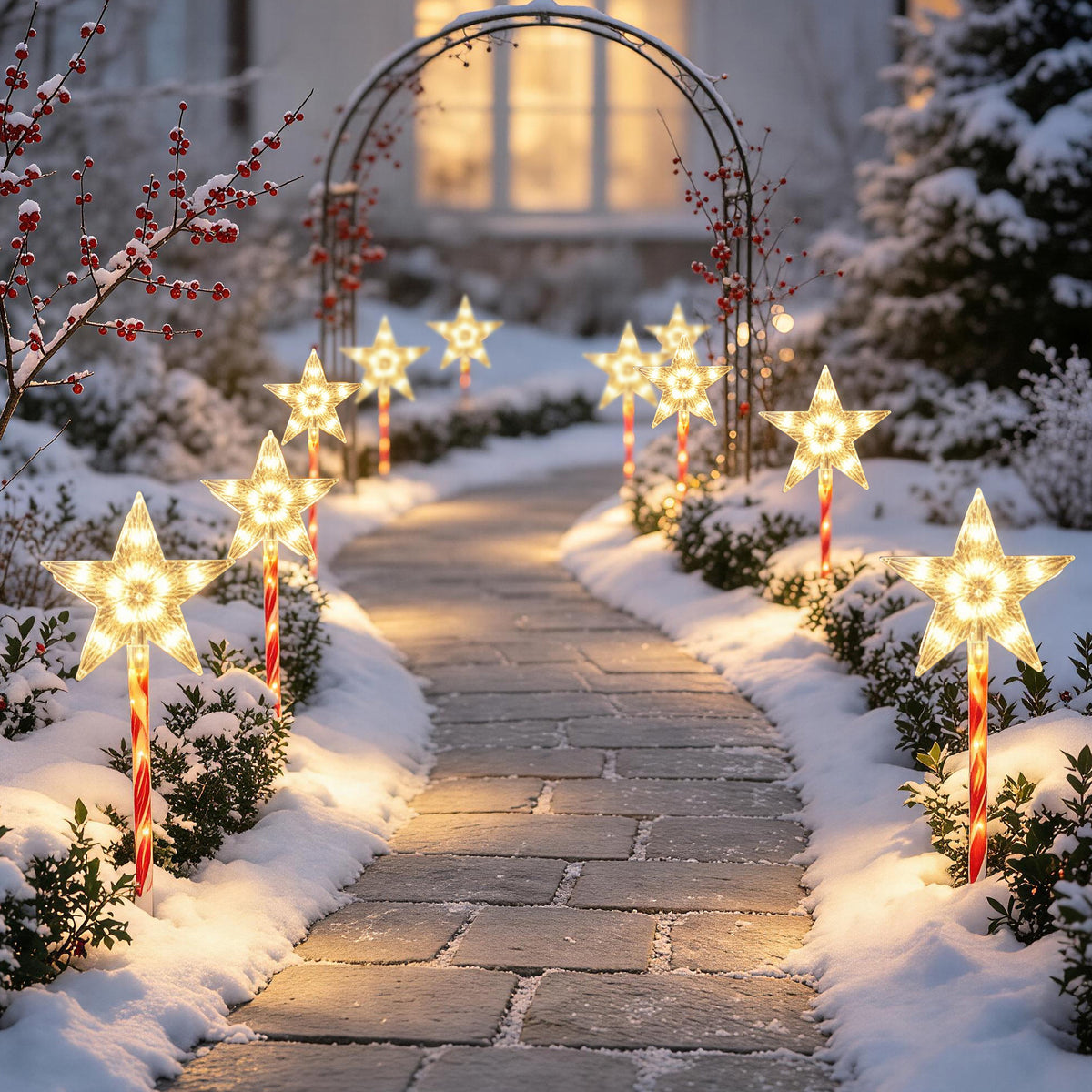 HioHa 2 Sets Solar Star Christmas Pathway Lights, 5-in-1 Outdoor Candy Cane Star Stake Lights, Warm White LED Waterproof Holiday Decor for Yard Lawn Garden Walkway