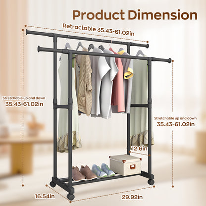 HioHa Clothes Rack, Heavy Duty Clothing Racks or Hanging Racks with Shelf, Adjustable Garment Rack with Wheels 35-61Wx16Dx35-61H Inches for Bedroom Laundry Living Room