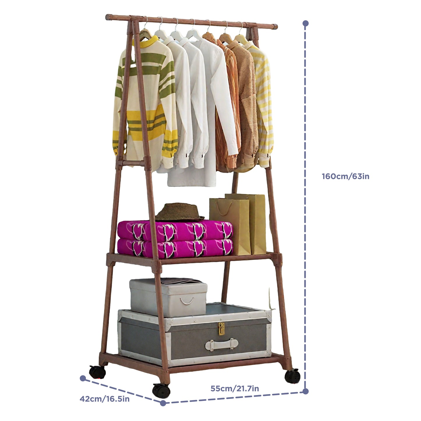 HioHa Portable Clothes Rack on Wheels with 2-Tier Shelves & Hooks - Stainless Steel Rolling Garment Rack for Clothing, Shoes, Laundry - Home, Office, Dorm Use (Brown)