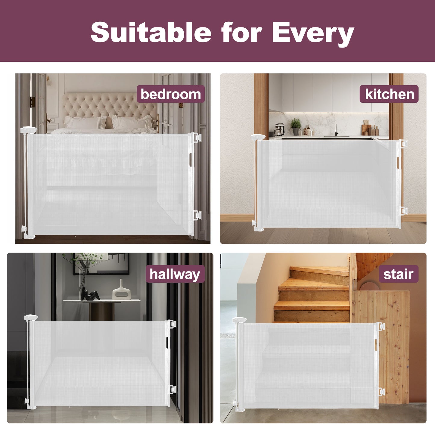 HioHa 59 Inch Retractable Gate, Hardware-Mounted Mesh Safety Gate for Stairs & Doorways, White