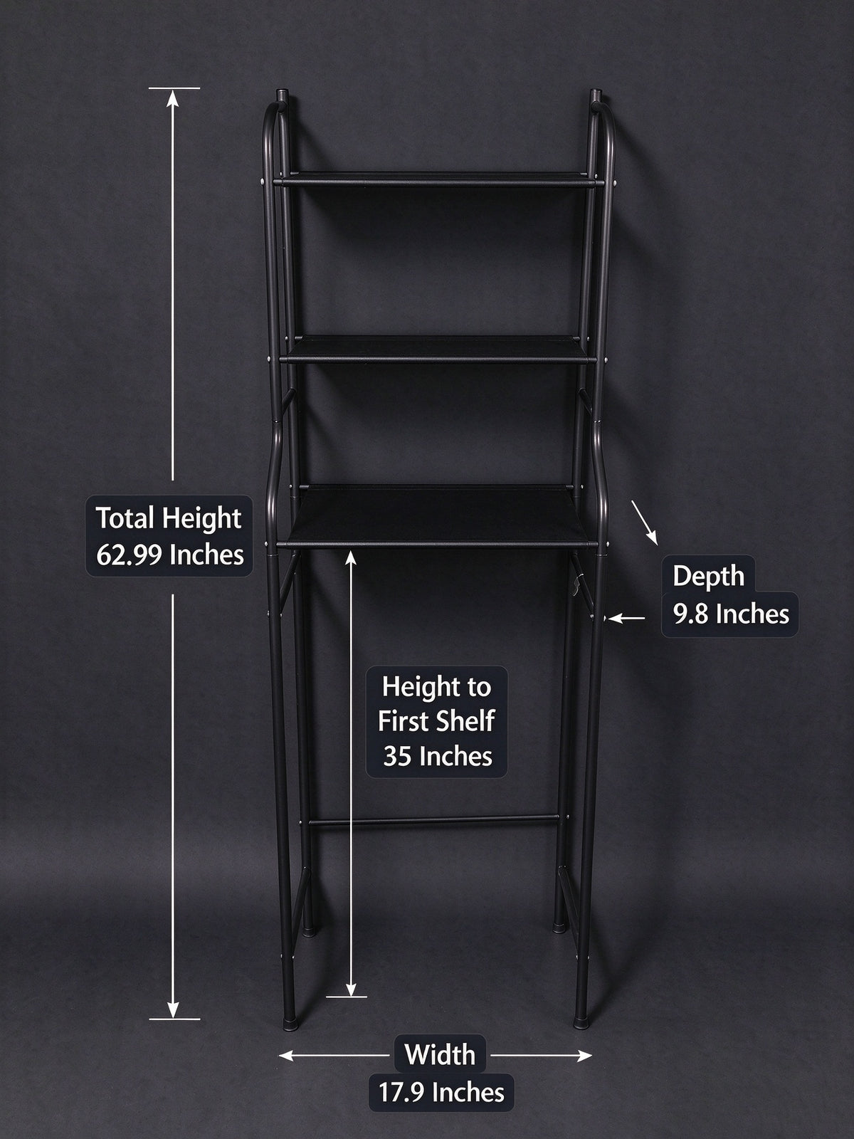 HioHa Wide Over Toilet Storage Shelf, 3-Tier Freestanding Bathroom Organizer with Paper Holder and 3 Hooks, Space Saver, Fits Larger Toilets, Black