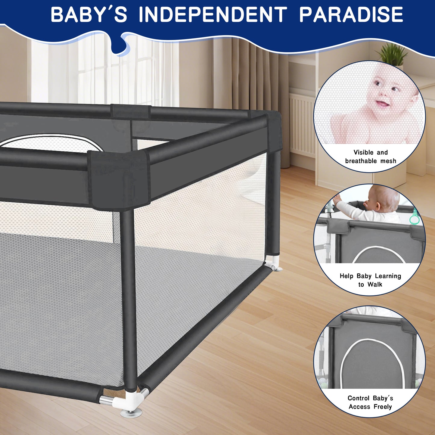 HioHa 71" Baby Playpen - Mat Included, Sturdy Steel Frame & Breathable Mesh Walls, Portable Indoor/Outdoor Play Yard