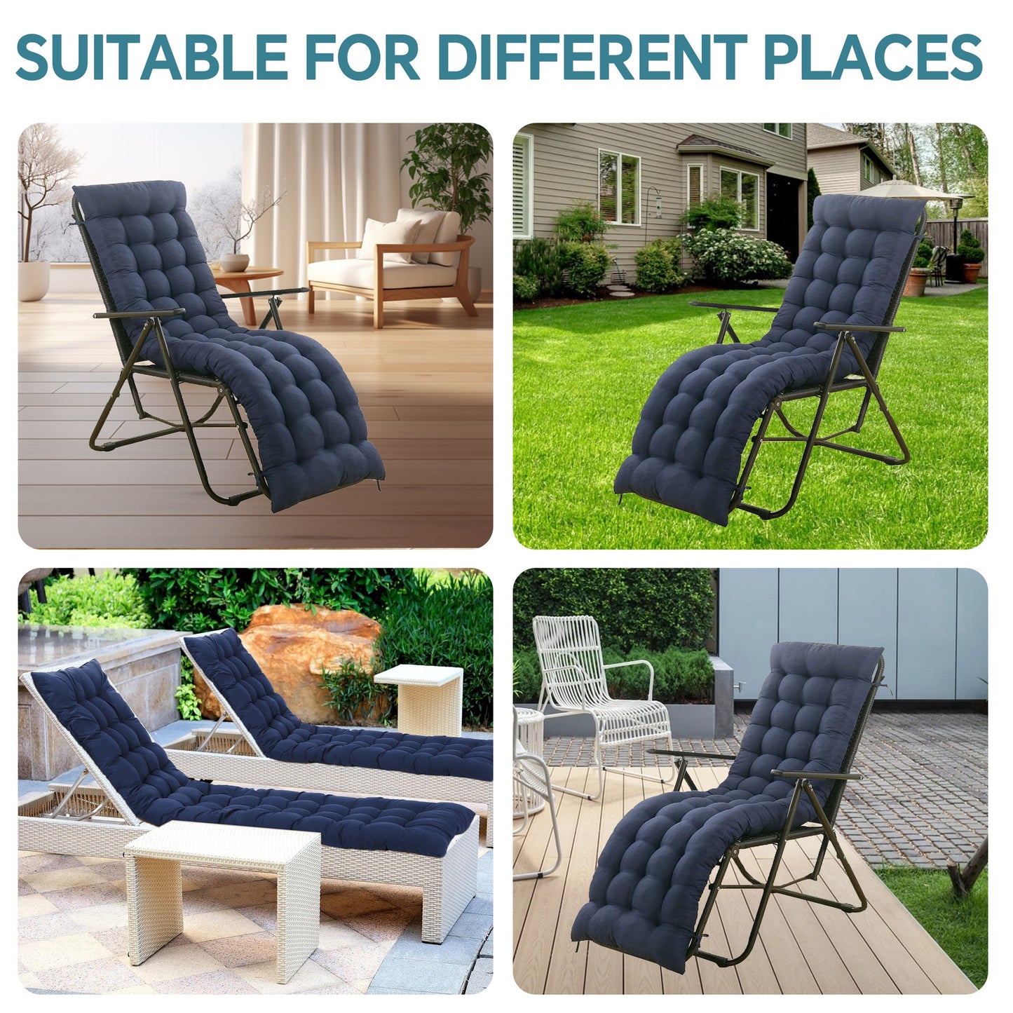 HioHa Chaise Lounge Cushion, 67x20x3 inch Rocking Chair Cushion with Ties and Top Cover, Patio Swing Bench Cushion Sofa Mat for Outdoor Indoor Furniture(Blue)
