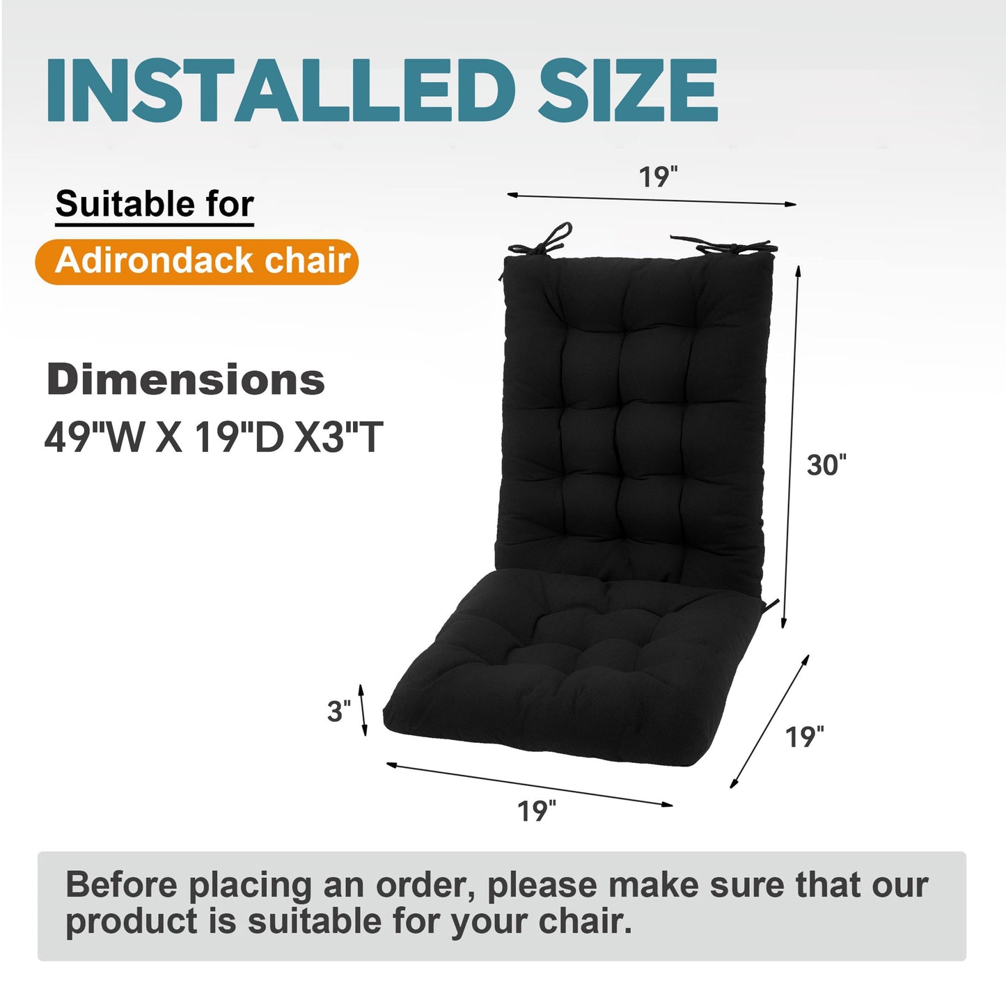 HioHa Rocking Chair Cushion, 49x19x3 inch Lounge Chaise Chair Cushion with Ties, Thickened Recliner Cushion Double-Sided Foldable(Black)