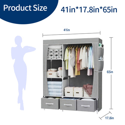 HioHa Portable Closet Organizer,3 Storage Drawers & Hanging Rod, Sturdy Space Saving Wardrobe for Bedroom Dorm Rental, Grey